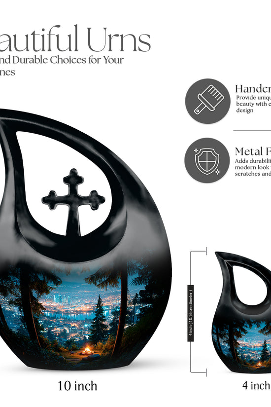 Steel Blue Campfire Cremation Urn back view with polished surface - faith-inspired cross-drop urn with campfire pattern - mini keepsake memorial for portion of cremation ashes