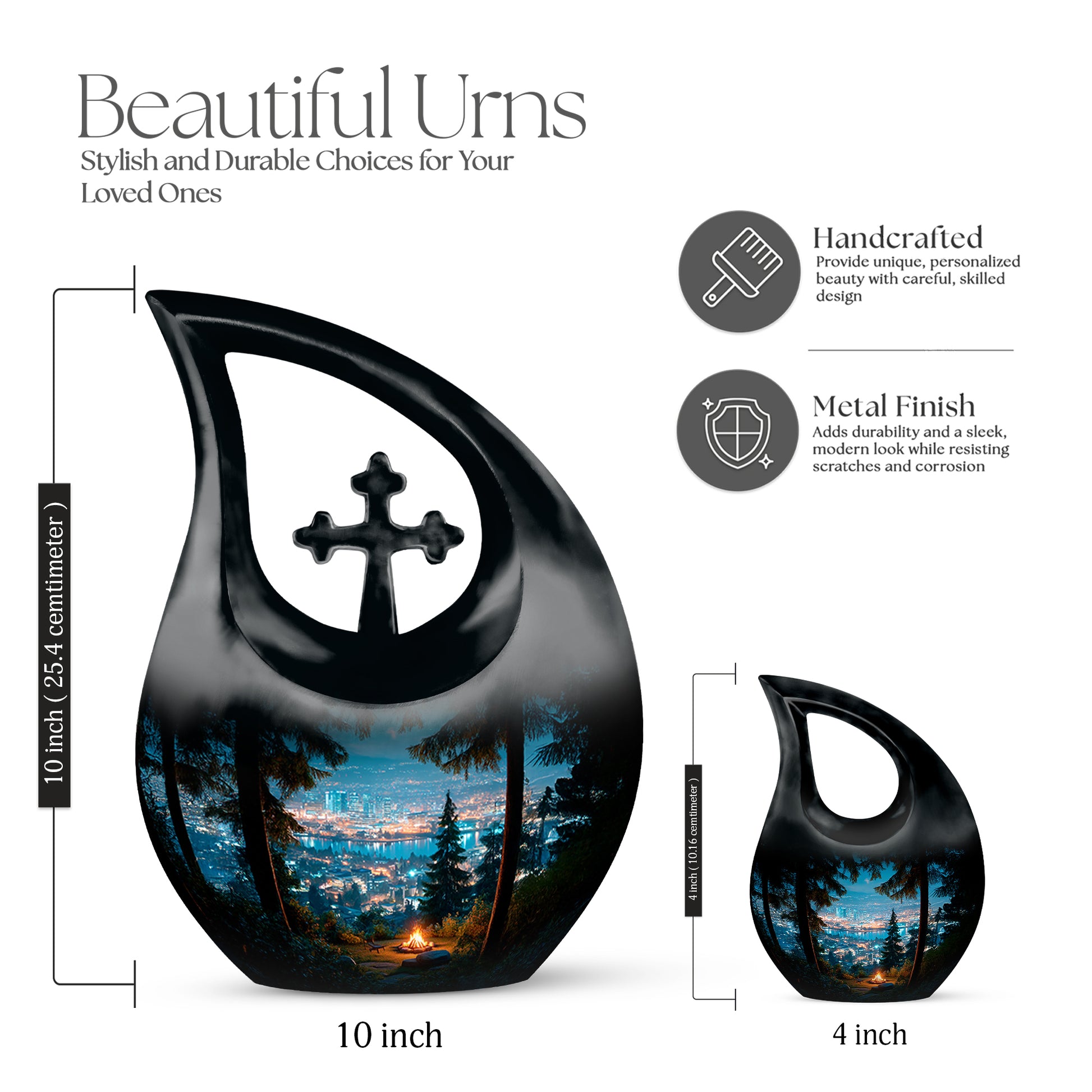 Steel Blue Campfire Cremation Urn back view with polished surface - faith-inspired cross-drop urn with campfire pattern - mini keepsake memorial for portion of cremation ashes