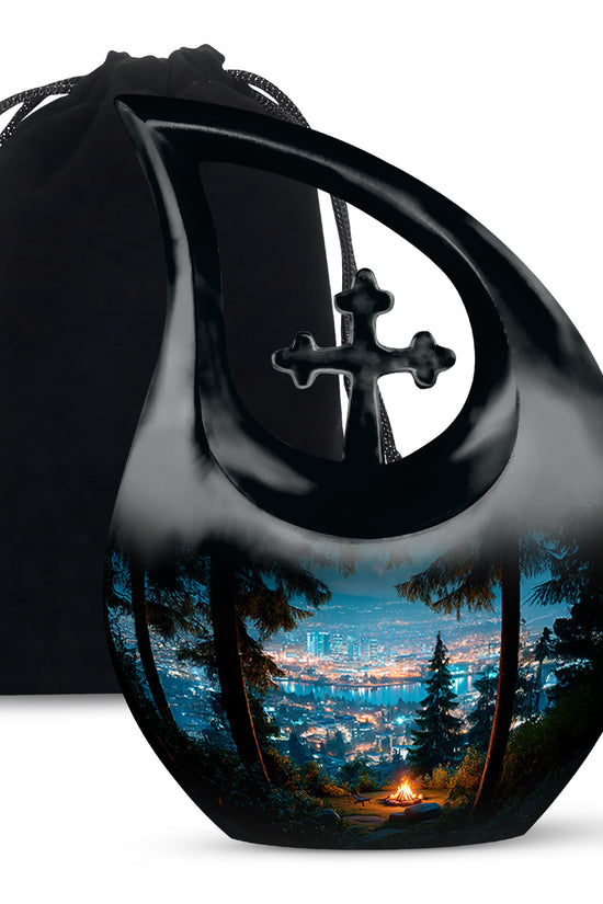 Pastel Blue Campfire Cremation Urn top-down view of secure threaded lid - sacred cross merged with campfire motif on metal - full-size 10 inch 200 cubic inch adult cremation urn