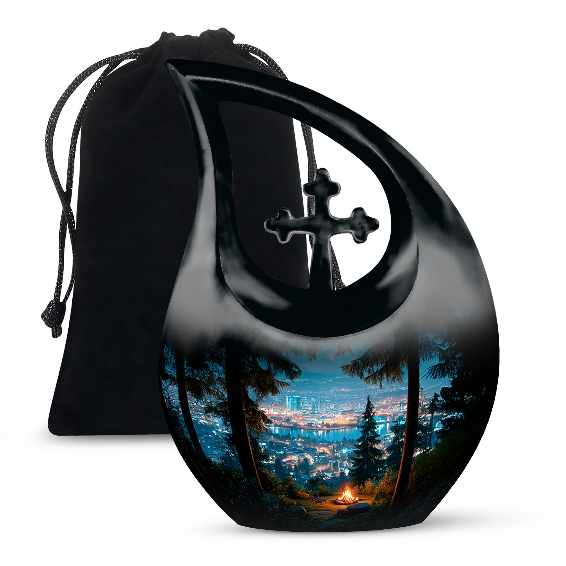 Pastel Blue Campfire Cremation Urn top-down view of secure threaded lid - sacred cross merged with campfire motif on metal - full-size 10 inch 200 cubic inch adult cremation urn