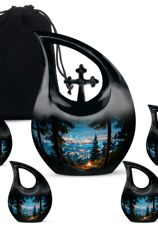 Cornflower Blue Campfire Cremation Urn urn with complimentary velvet bag - devotional cross-drop campfire engraving - memorial set with one large and four small urns