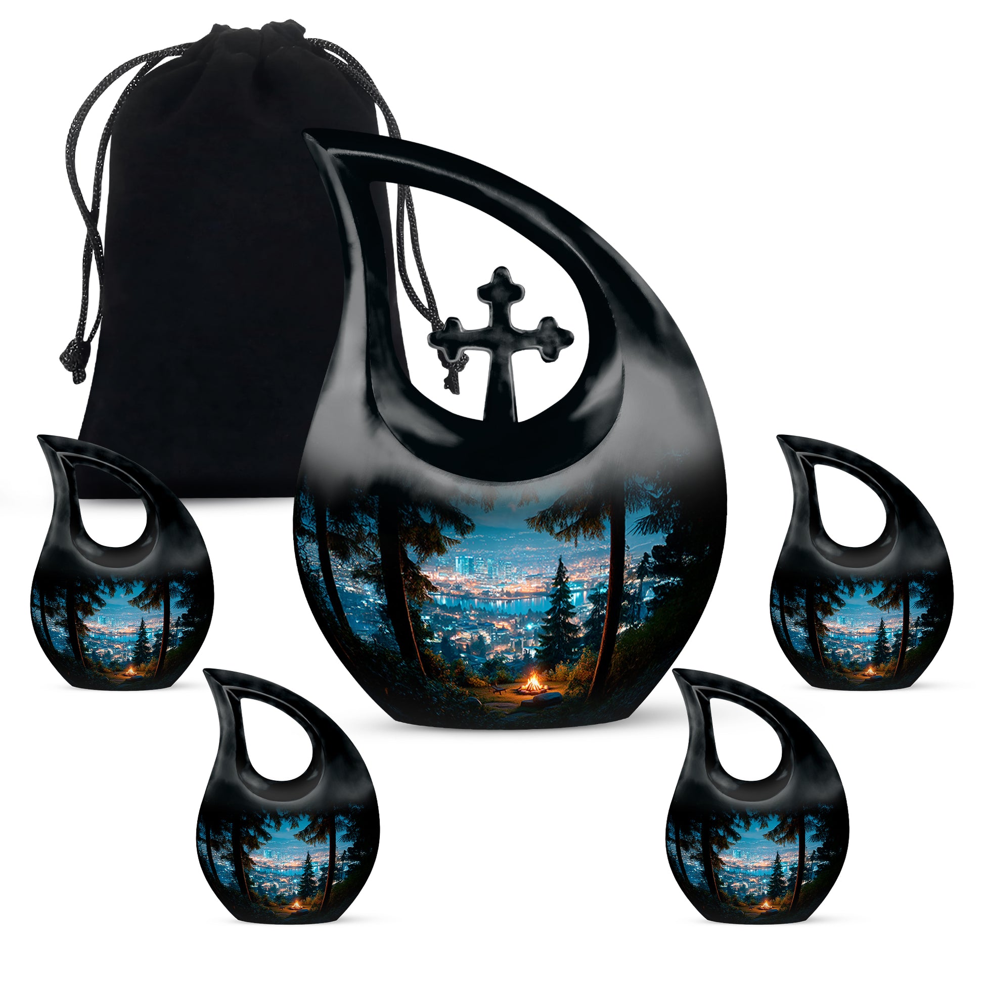 Cornflower Blue Campfire Cremation Urn urn with complimentary velvet bag - devotional cross-drop campfire engraving - memorial set with one large and four small urns