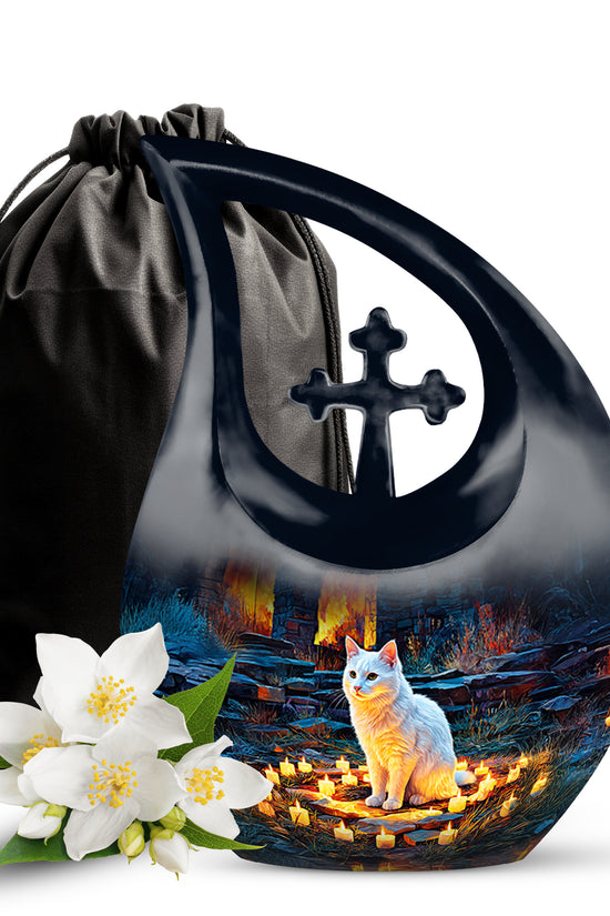 White Cat Cremation Urn - Black Aluminium Funeral Urn For Pet Ashes