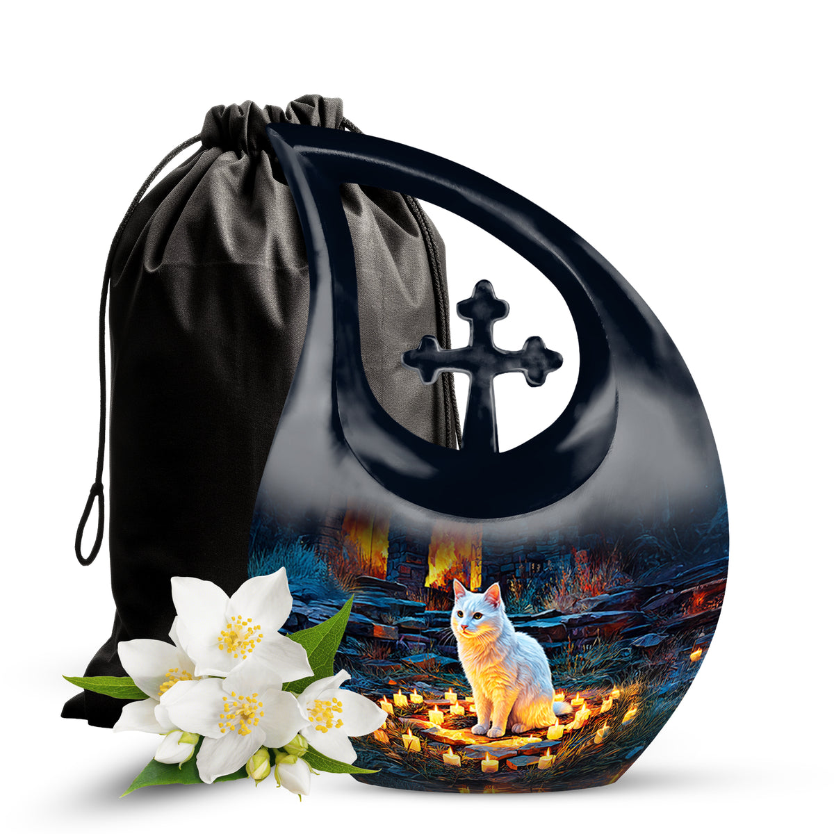 White Cat Cremation Urn - Black Aluminium Funeral Urn For Pet Ashes