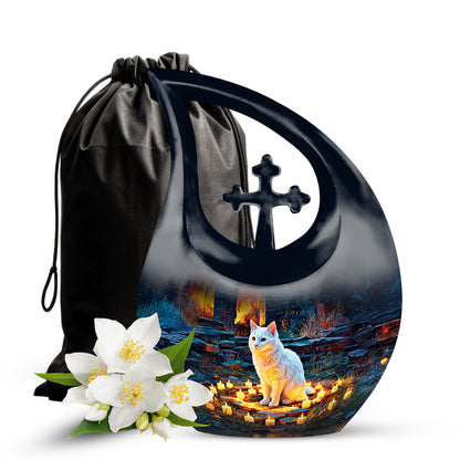 White Cat Cremation Urn - Black Aluminium Funeral Urn For Pet Ashes