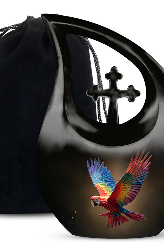 Colourful Parrot Funeral Urn - Black Aluminium Memorial Urn For Adult Ashes