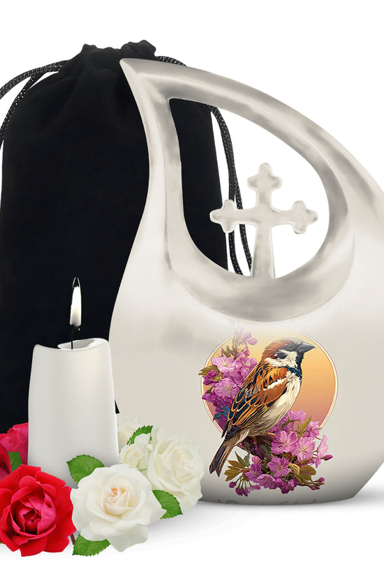 Floral Sparrow Memorial Urn - Floral Memorial Urn for Male & Female