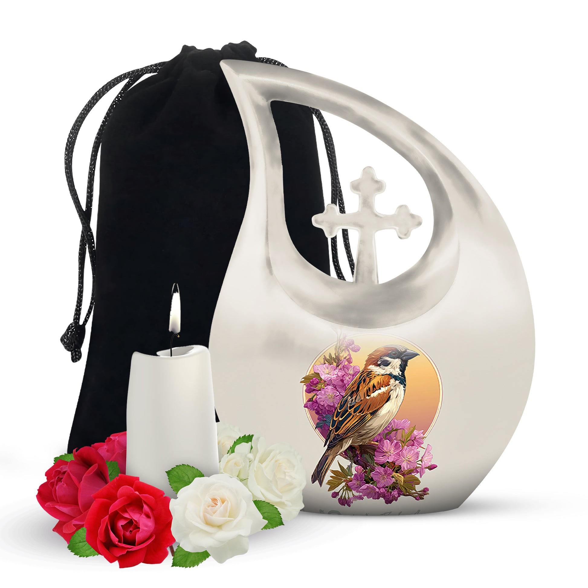 Floral Sparrow Memorial Urn - Floral Memorial Urn for Male & Female