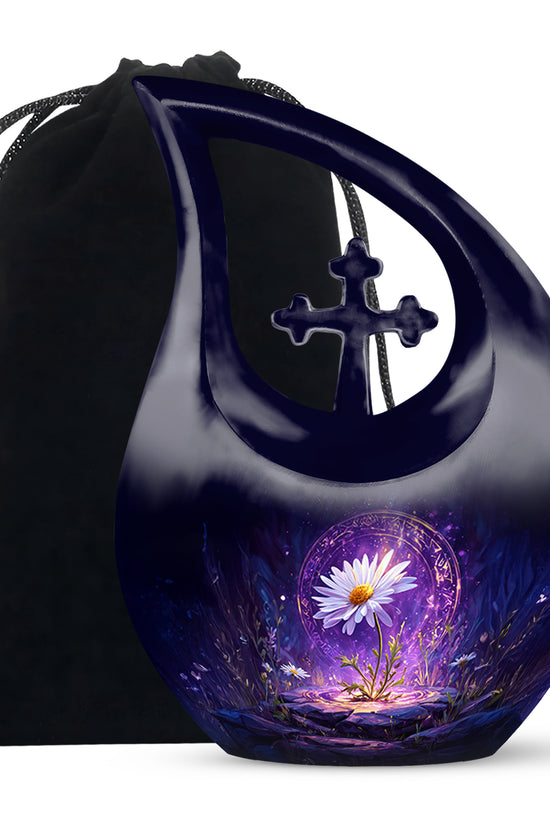 White Daisy Funeral Urn - Purple Cremation Urn For Adult Ashes