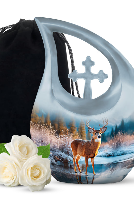 Nature Deer Funeral Urn - Winter Frozen Lake Memorial Urn For Loved Ones