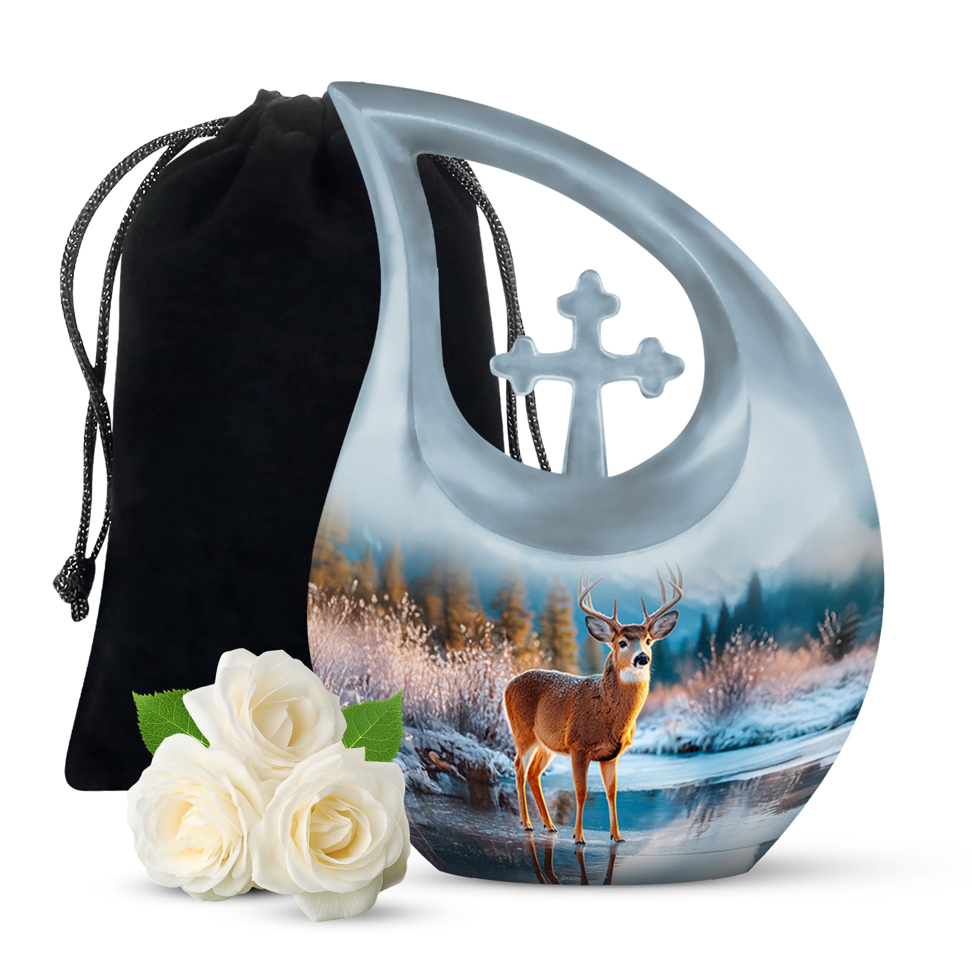 Nature Deer Funeral Urn - Winter Frozen Lake Memorial Urn For Loved Ones