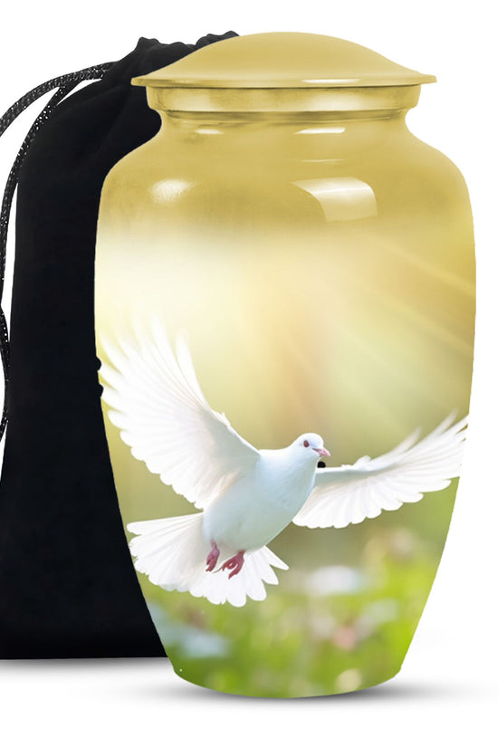 Peaceful White Dove Cremation Urn - Golden Memorial Urn For Human Ashes