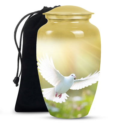 Peaceful White Dove Cremation Urn - Golden Memorial Urn For Human Ashes