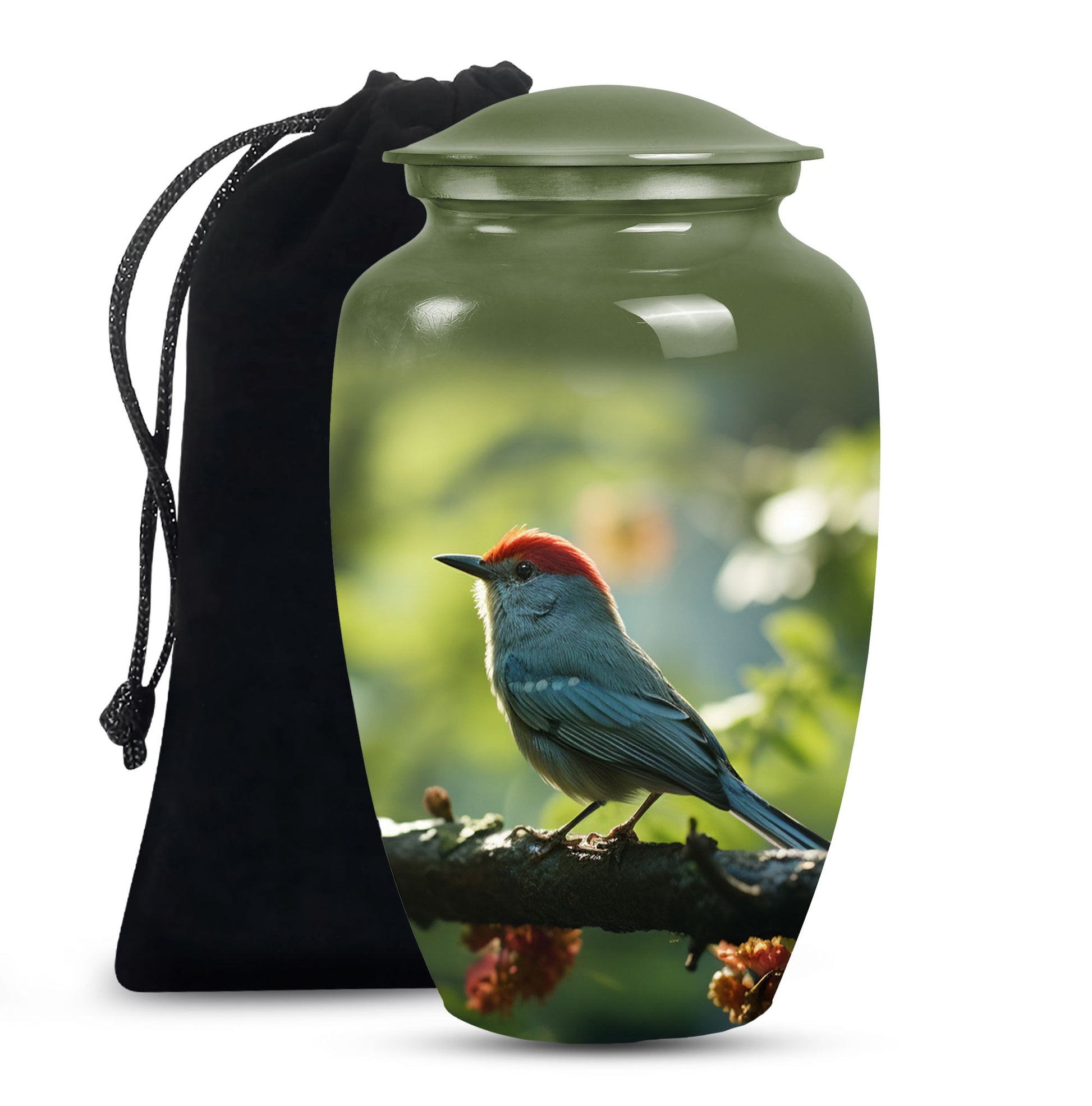 Green Sparrow Bird Memorial Urn - Large Funeral Urn For Human Ashes