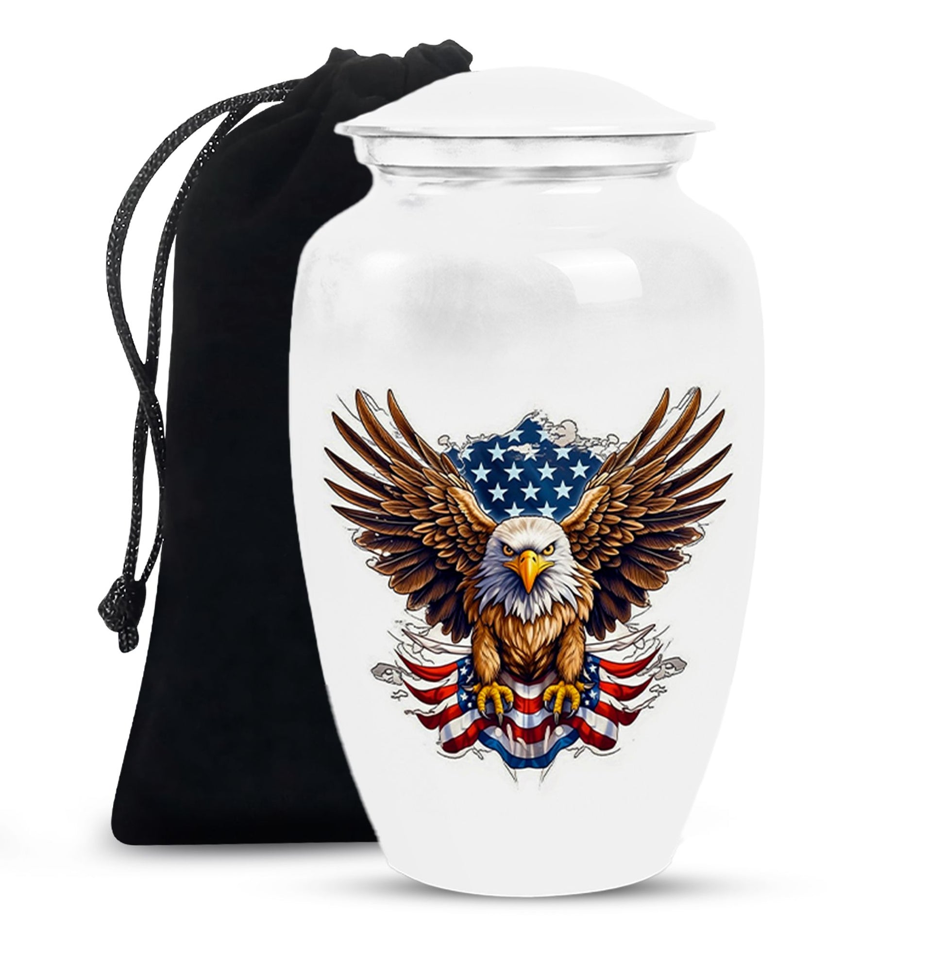 White urn with an eagle and American flag design, accompanied by a black drawstring bag.