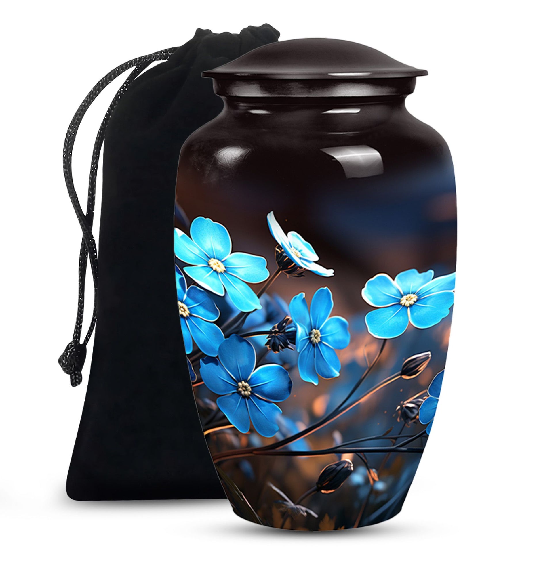 Blue Flower Large Cremation Urn - Memorial Urn For Adult Ashes