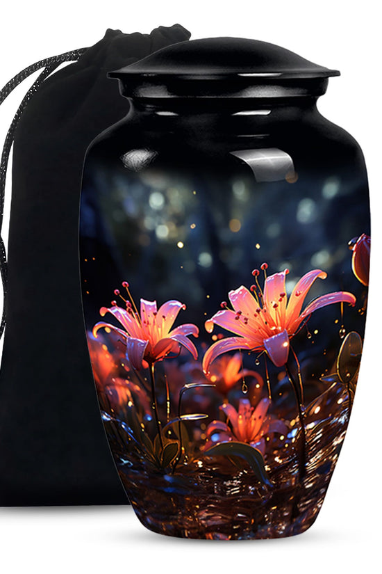 White Lily Cremation Aluminum Urn - Large Funeral Urn For Ashes