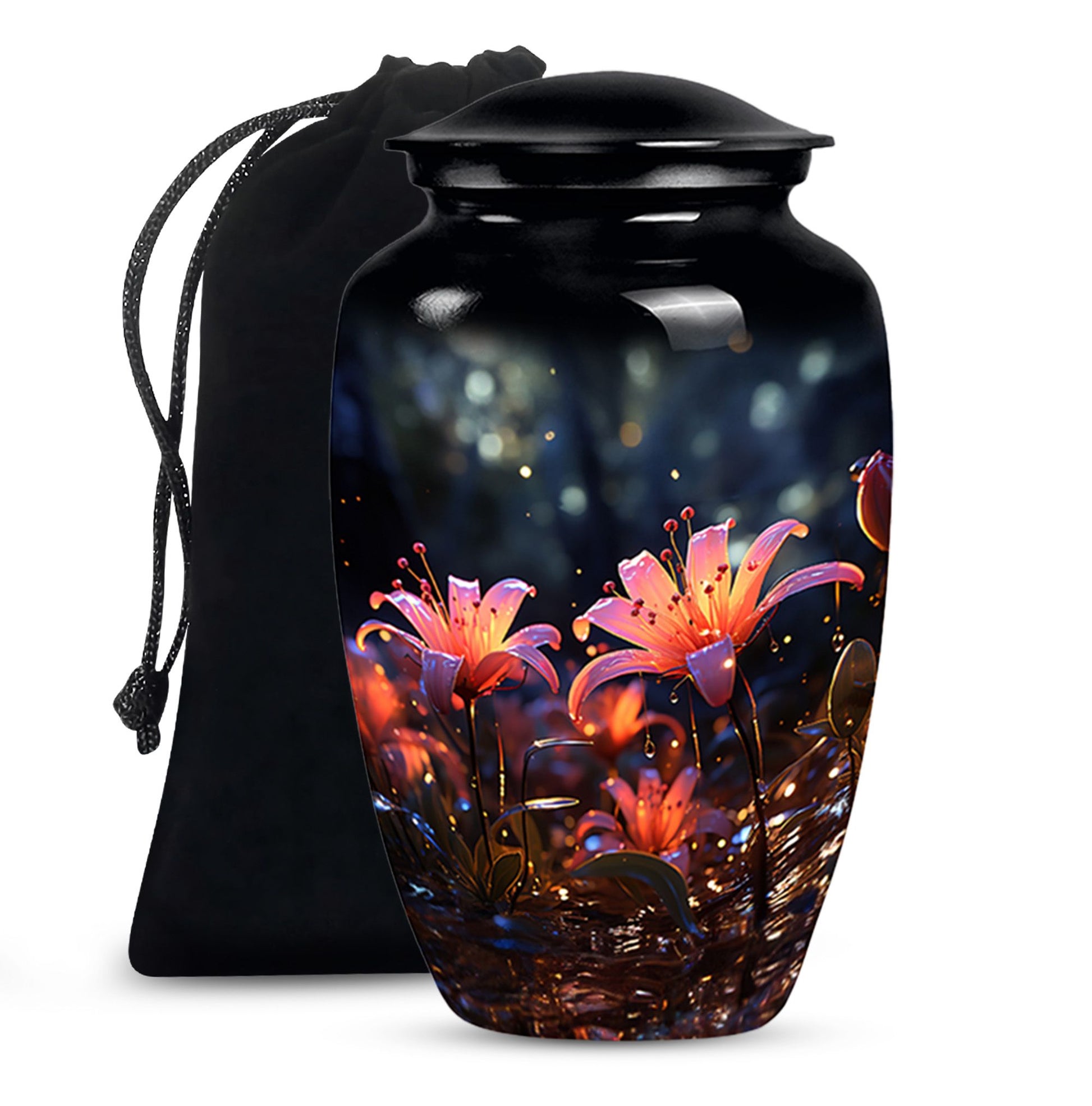 White Lily Cremation Aluminum Urn - Large Funeral Urn For Ashes