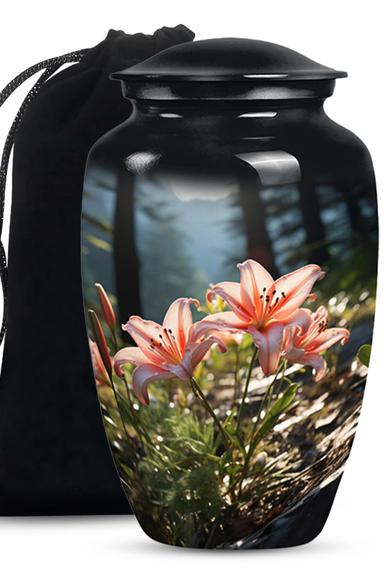 Pink Lily Aluminium Urn For Ashes - Large Floral Memorial Urn