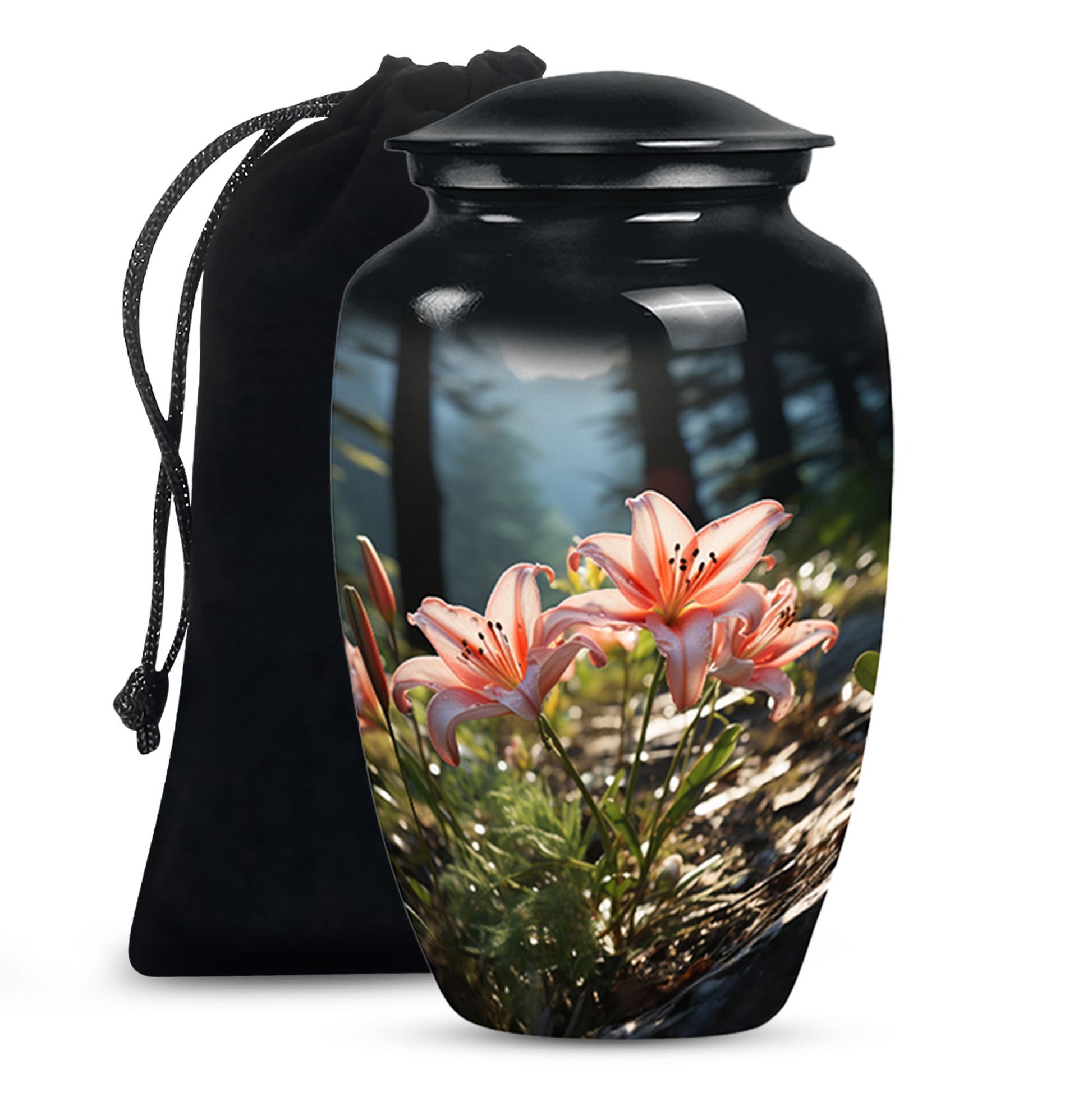 Pink Lily Aluminium Urn For Ashes - Large Floral Memorial Urn