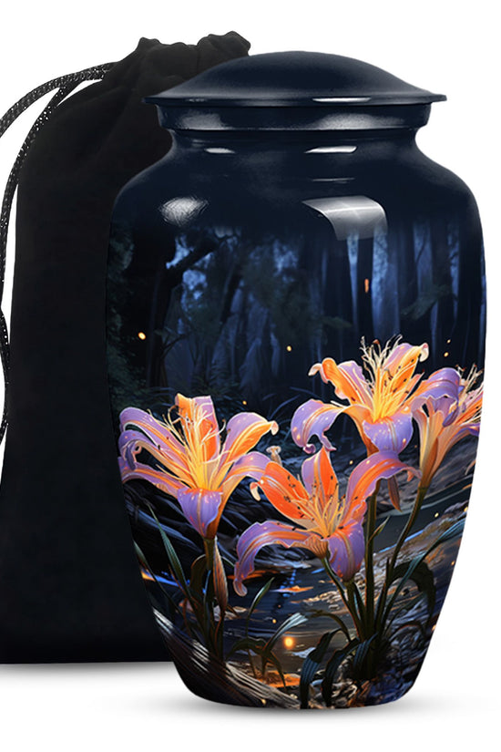 Beautiful Lily Theme Funeral Urn - Aluminum Memorial Urn For Adult Ashes
