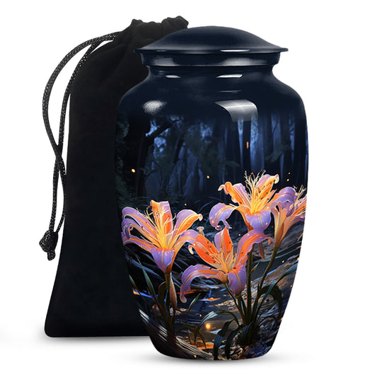 Beautiful Lily Theme Funeral Urn - Aluminum Memorial Urn For Adult Ashes