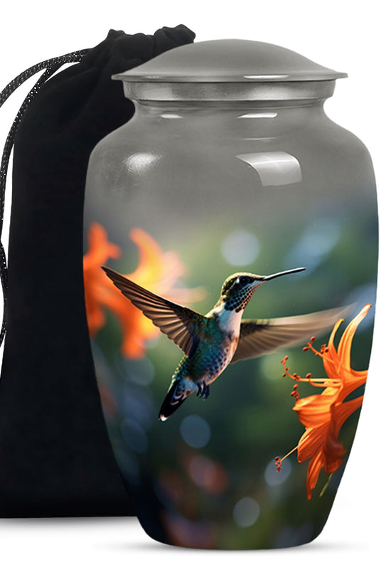 Floral Hummingbird Memorial Urn - Aluminium Cremation Urn For Adult Ashes