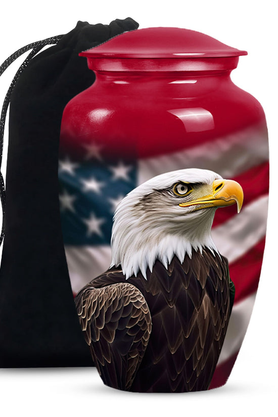 Red urn with an eagle design on a white background