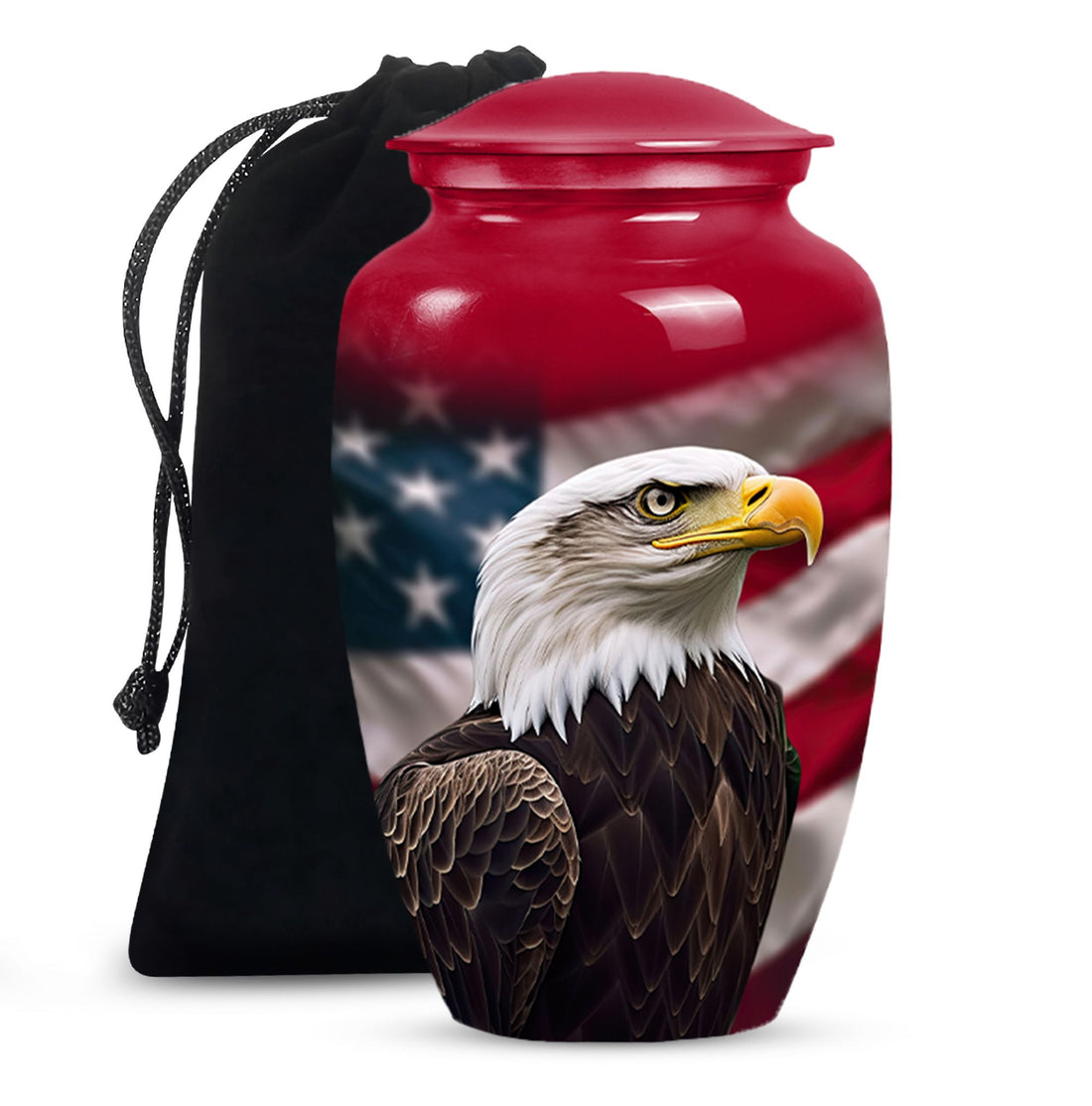 Red urn with an eagle design on a white background