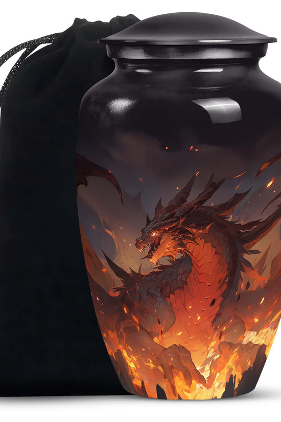 Mystic Fire Dragon Funeral Urn For Ashes - Red And Gold Burial Urn