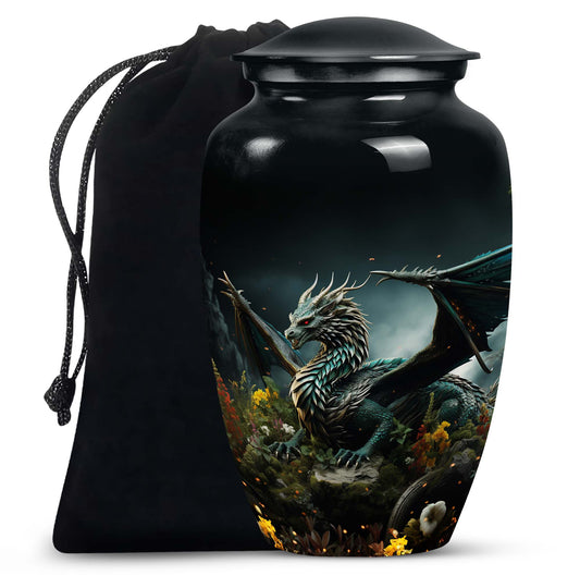 Black Dragon Theme Funeral Urn - Black Aluminium Cremation Urn For Loved Ones