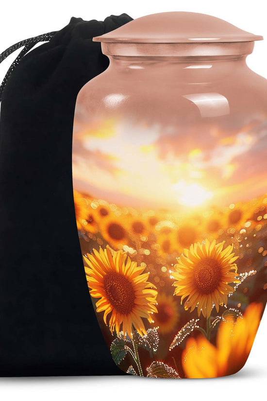 Sunset Sunflower Cremation Urn - Golden Memorial Urn For Ashes