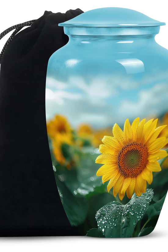 Sunflower Garden Funeral Urn - Blue Aluminum Urn For Adult Ashes