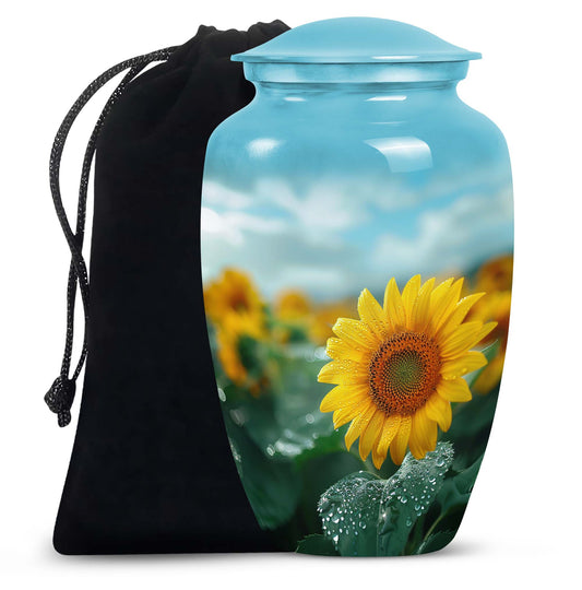 Sunflower Garden Funeral Urn - Blue Aluminum Urn For Adult Ashes