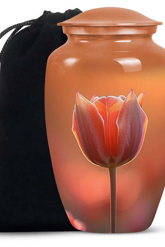 Orange Tulip Funeral Urn - Decorative Flower Cremation Urn For Human Ashes