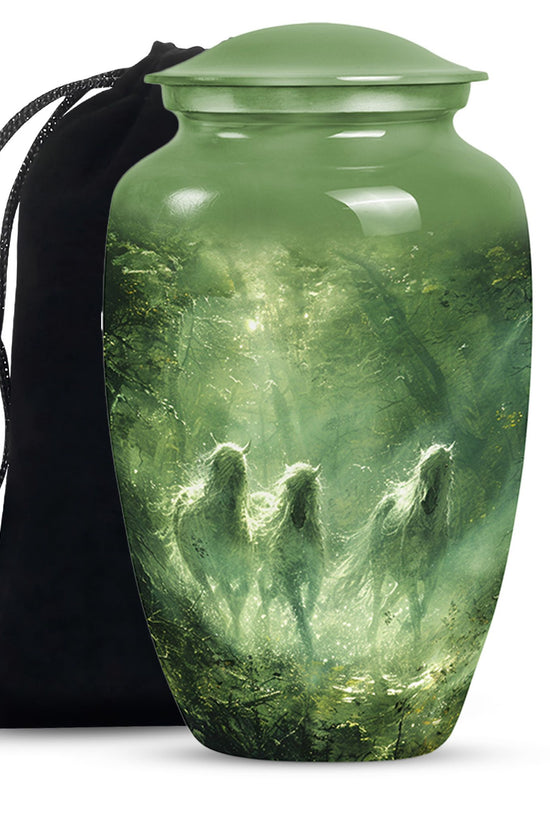 Forest Horse Memorial Urn - Green Aluminium Urn For Adult Urns