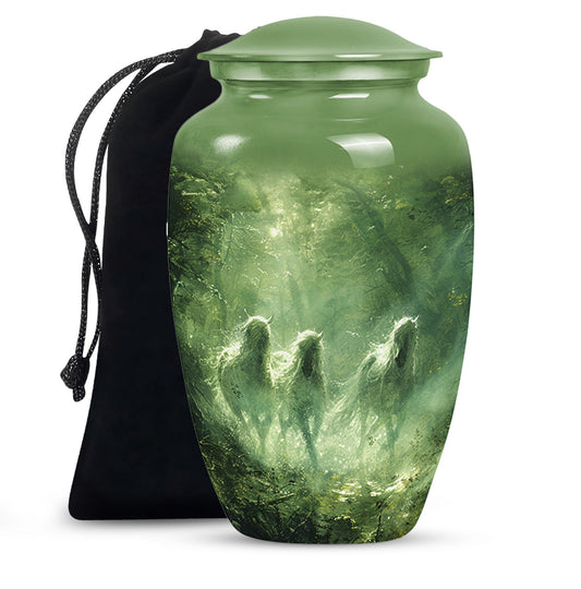 Forest Horse Memorial Urn - Green Aluminium Urn For Adult Urns