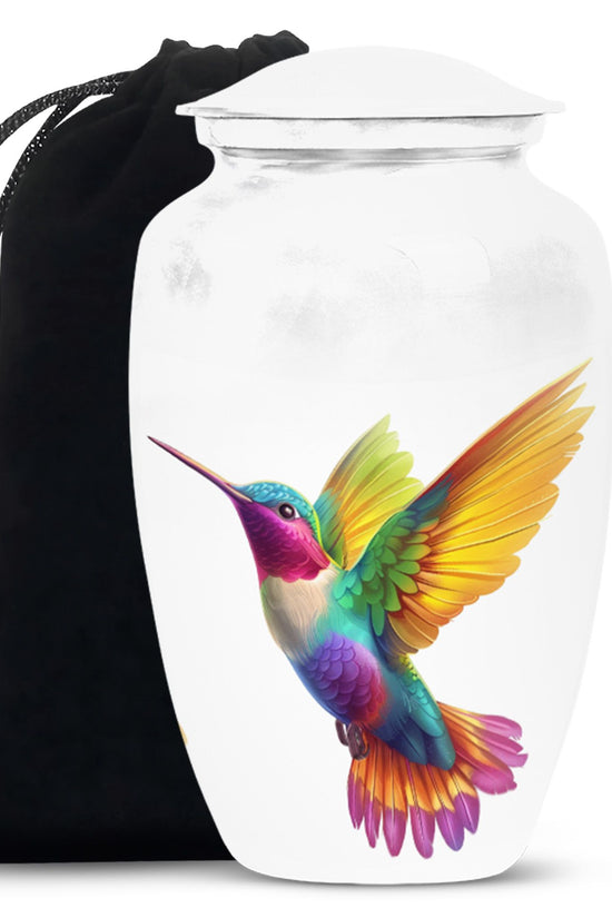 Colourful Hummingbird Cremation Urn - White Aluminium Funeral Urn For Adult Ashes