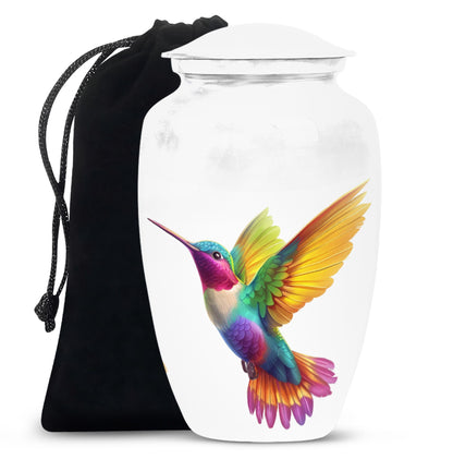 Colourful Hummingbird Cremation Urn - White Aluminium Funeral Urn For Adult Ashes