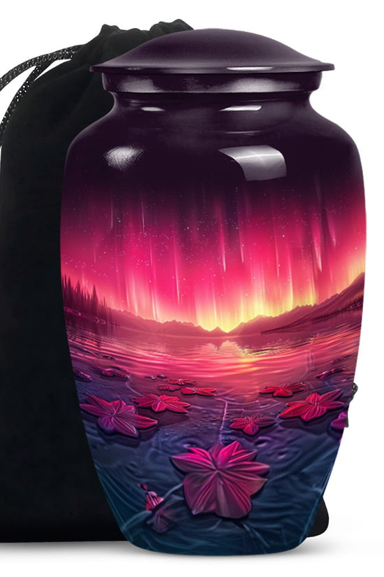 Pink Aurora Borealis Memorial Urn - Floral Lake Cremation Urn For Ashes
