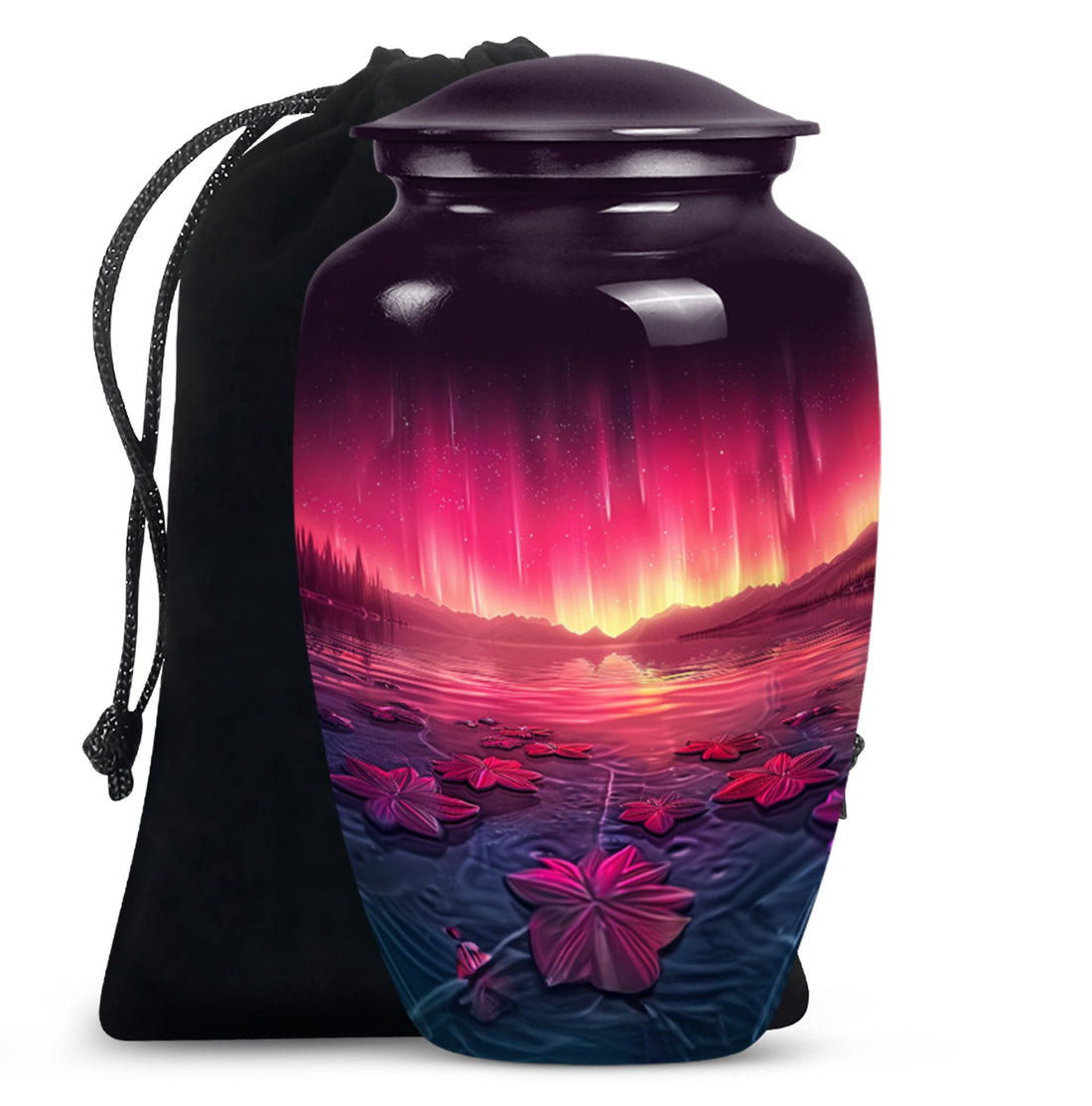 Pink Aurora Borealis Memorial Urn - Floral Lake Cremation Urn For Ashes
