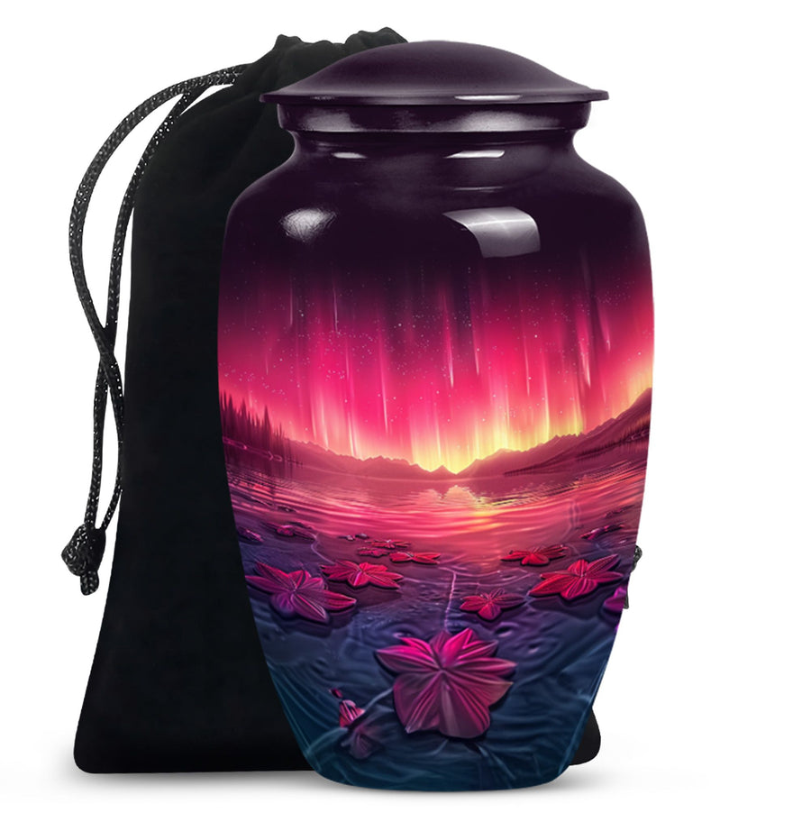 Pink Aurora Borealis Memorial Urn - Floral Lake Cremation Urn For Ashes