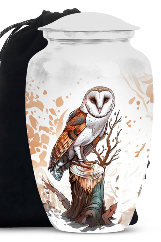 Cremation urn with a cross and two white doves design, accompanied by a black carrying bag.
