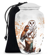 Cremation urn with a cross and two white doves design, accompanied by a black carrying bag.