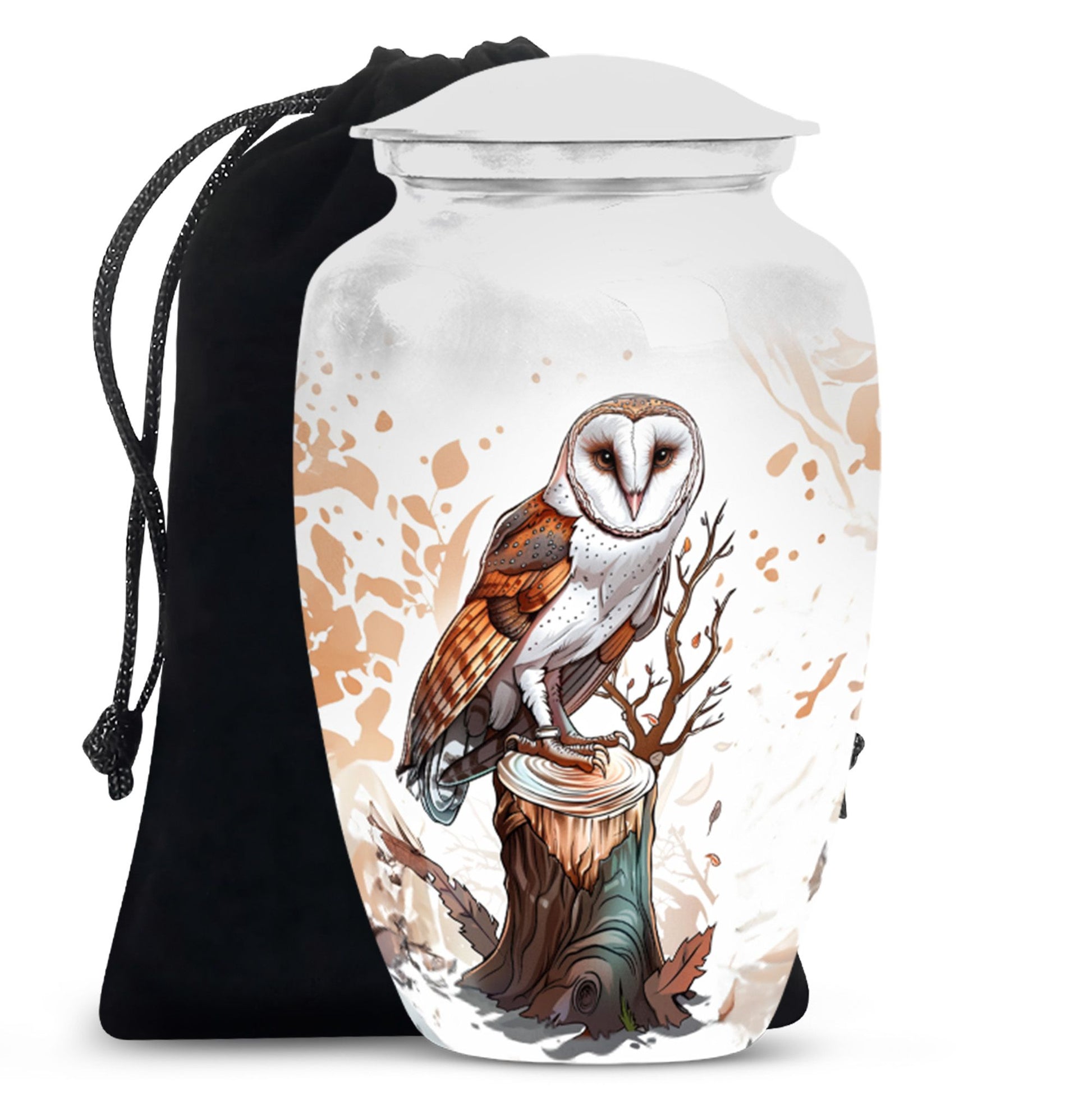 Cremation urn with a cross and two white doves design, accompanied by a black carrying bag.
