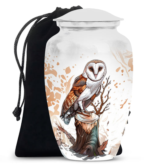 Cremation urn with a cross and two white doves design, accompanied by a black carrying bag.