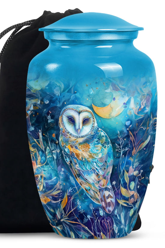 Blue Nature Memorial Owl Urn - Unique Aluminium Funeral Urn For Human Ashes