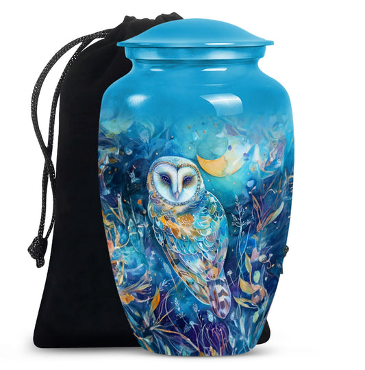 Blue Nature Memorial Owl Urn - Unique Aluminium Funeral Urn For Human Ashes