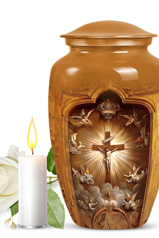 Brown urn with religious design, white rose, and candle on a white background