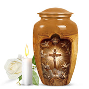 Brown urn with religious design, white rose, and candle on a white background